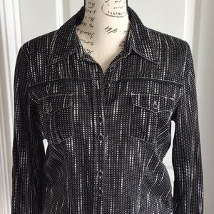 DKNY black white print button down shirt + roll up long sleeves light wt Sz S P